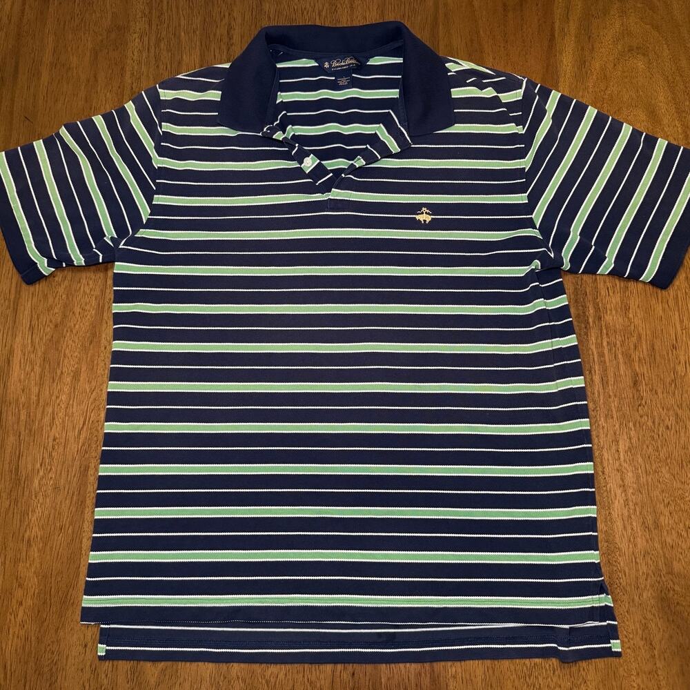 Brooks Brothers Mens L Performance Knit Polo Navy Green Stripe 100% Cotton
